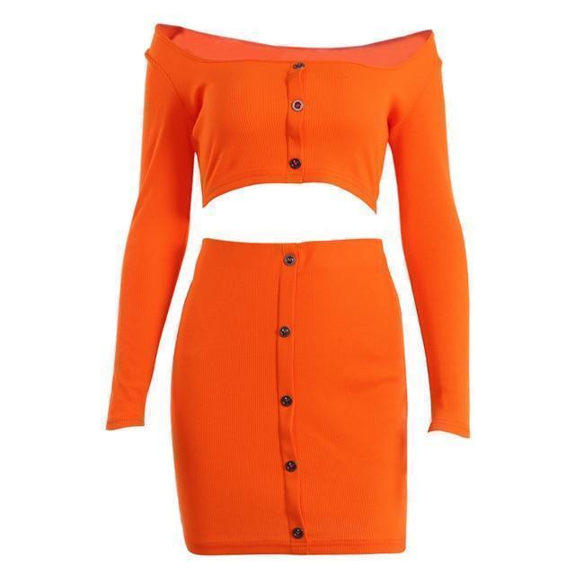 2019 Sexy Off Shoulder Two Piece Set Solid Button Bodycon 2 Piece Set Women Long Sleeve Top And Skirt Summer Autumn Sets - Ai quarambas