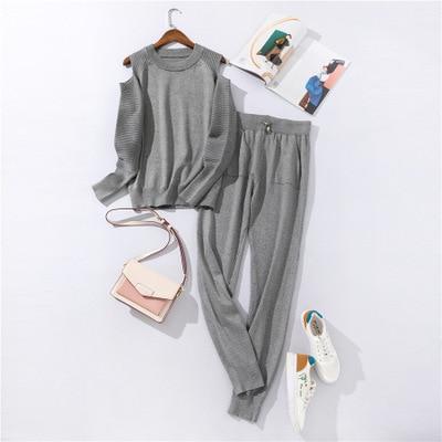 Autumn and Winter Explosions Sportswear High Collar Sweater Knit Pants Suit Casual Women's Two - piece Suit - Ai quarambas