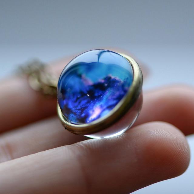 Nebula Galaxy Double Sided Pendant Necklace Glass Art Picture Handmade Statement Universe Planet Jewelry Necklace - Ai quarambas