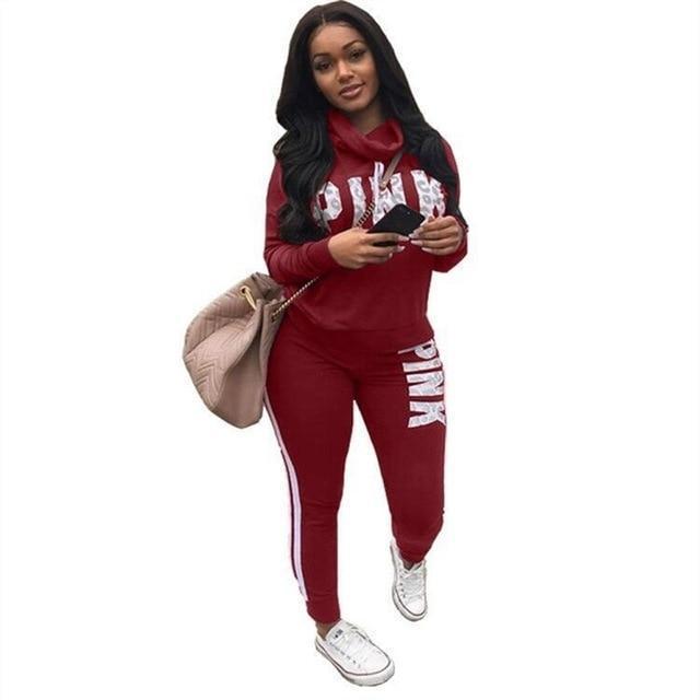 RAISEVERN New Pink Letter Print Tracksuit Women Casual Outfits 2 Two Piece Set Full Pants Suits Plus Size Clothing Autumn - Ai quarambas