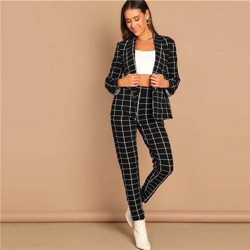 SHEIN Black Stretchy Grid Print Shawl Collar Plaid Long Sleeve Blazer Pants Set Women Autumn Workwear Morden Lady Twopiece - Ai quarambas