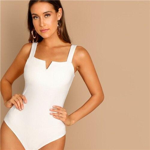 SHEIN Black V - Cut Front Bodysuit Sexy Straps Plain Skinny Sleeveless Bodysuits Women Autumn Stretchy Minimalist Bodysuits - Ai quarambas