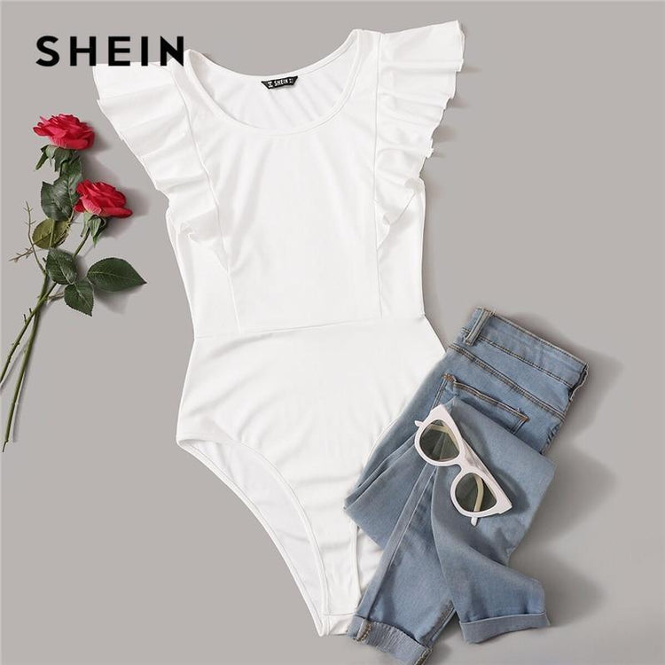 SHEIN Ruffle Armhole Solid Bodysuit White Solid Summer Sleeveless Round Neck Women Clothes 2019 Sexy Skinny Bodysuit - Ai quarambas