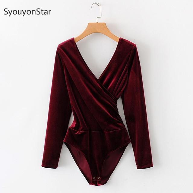 SyouyonStar Velvet Bodysuit Women Jumpsuits Deep V Neck Long Sleeve Autumn Rompers Sexy Slim jump suit body Red Bodysuits - Ai quarambas