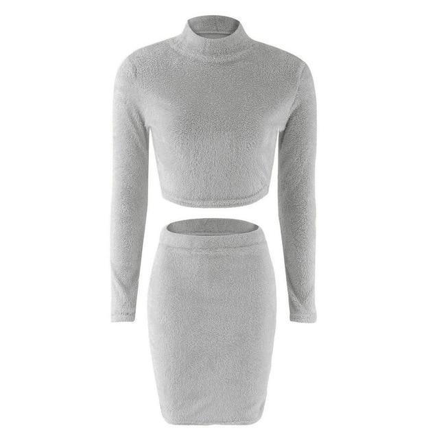 Two Piece Set Women Sweater +Pencil Skirt Suit Long sleeve Fleece Crop Tops Bodycon Skirt 2 Pieces Set Women Knitted Tracksuit - Ai quarambas