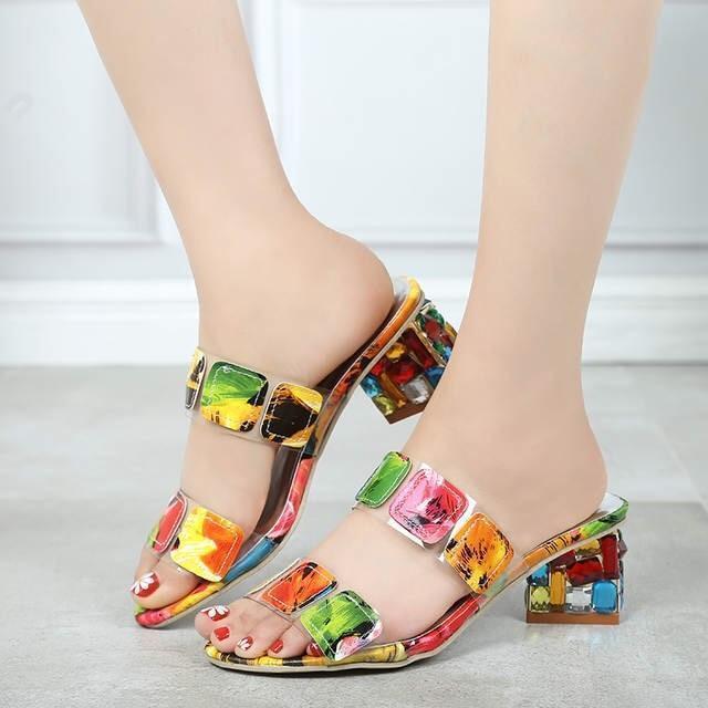 2019 New Summer Women Multi Colors Sandals Fashion High Heels Open Toe Beach Flip Flops Ladies Crystal Heels Shoes Woman XWT1893 - Ai quarambas