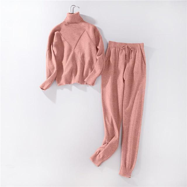 Autumn and Winter Explosions Sportswear High Collar Sweater Knit Pants Suit Casual Women's Two - piece Suit - Ai quarambas
