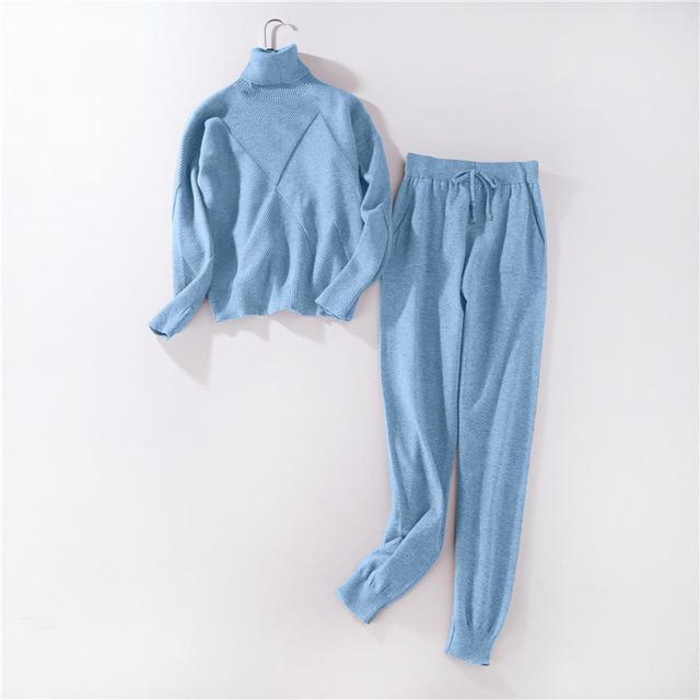 Autumn and Winter Explosions Sportswear High Collar Sweater Knit Pants Suit Casual Women's Two - piece Suit - Ai quarambas