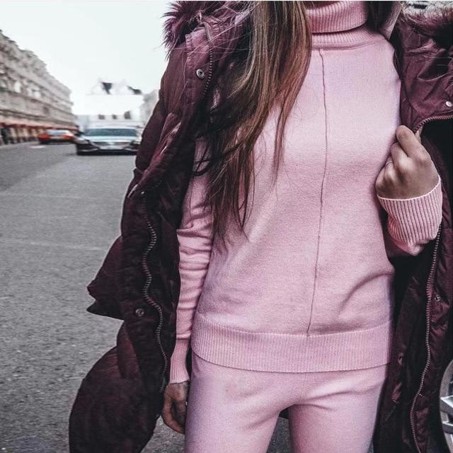 FORERUN Women Two Piece Sweater Outfit Turtleneck Sweater Knitted Pullover and Knitted Pants 2 Piece Autumn Suits and Set - Ai quarambas