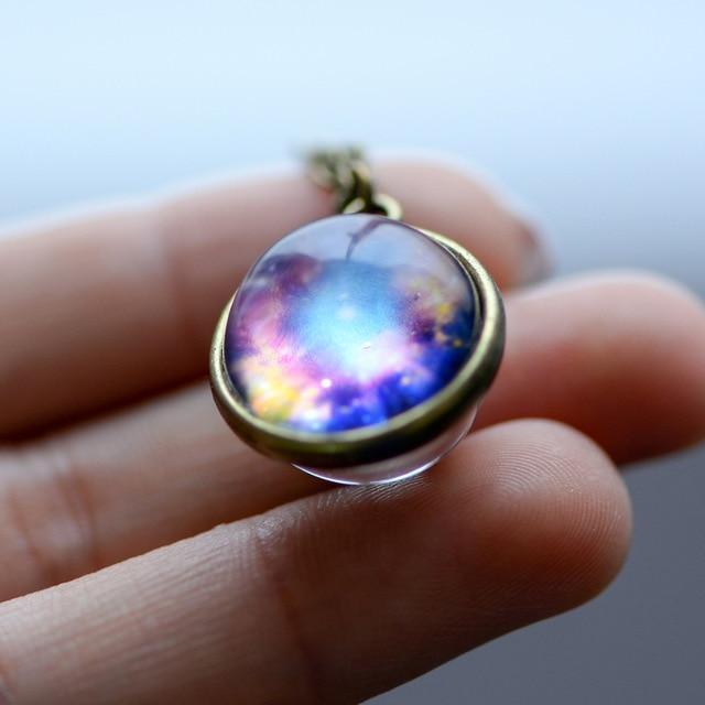 Nebula Galaxy Double Sided Pendant Necklace Glass Art Picture Handmade Statement Universe Planet Jewelry Necklace - Ai quarambas