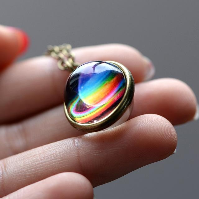 Nebula Galaxy Double Sided Pendant Necklace Glass Art Picture Handmade Statement Universe Planet Jewelry Necklace - Ai quarambas