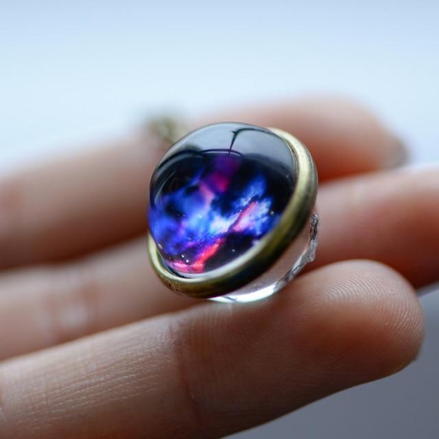 Nebula Galaxy Double Sided Pendant Necklace Glass Art Picture Handmade Statement Universe Planet Jewelry Necklace - Ai quarambas