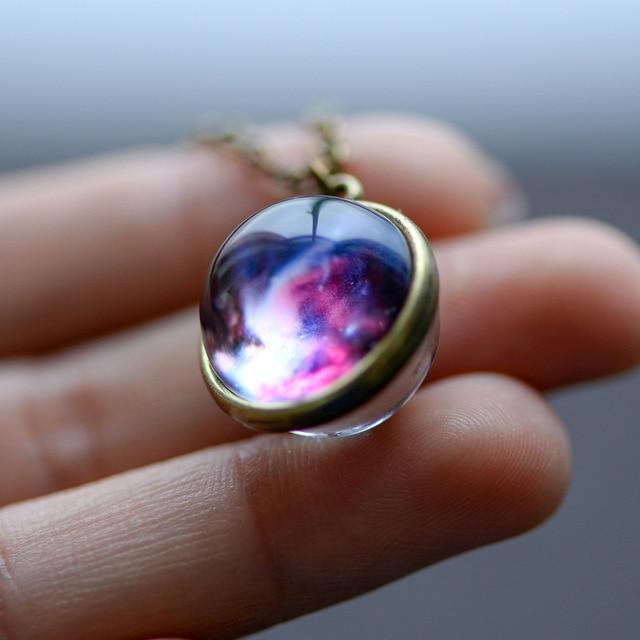 Nebula Galaxy Double Sided Pendant Necklace Glass Art Picture Handmade Statement Universe Planet Jewelry Necklace - Ai quarambas
