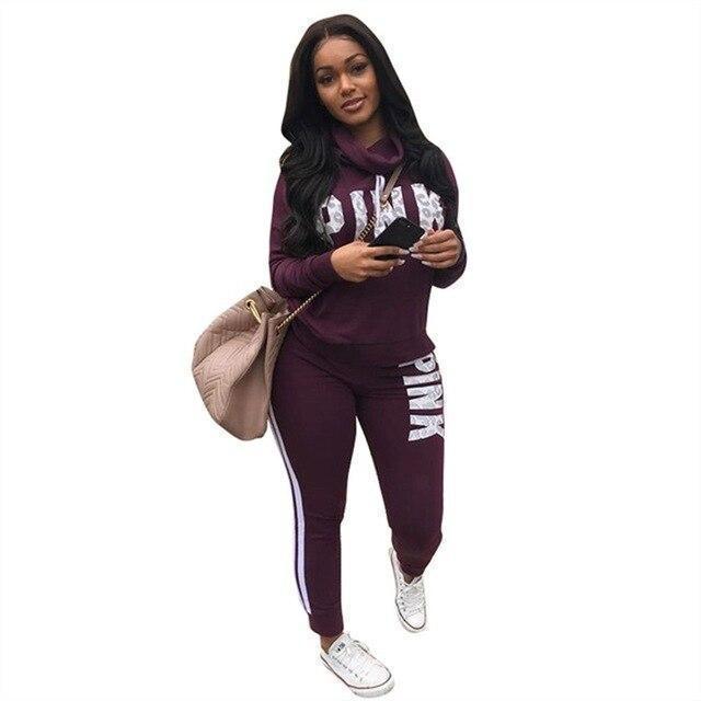 RAISEVERN New Pink Letter Print Tracksuit Women Casual Outfits 2 Two Piece Set Full Pants Suits Plus Size Clothing Autumn - Ai quarambas