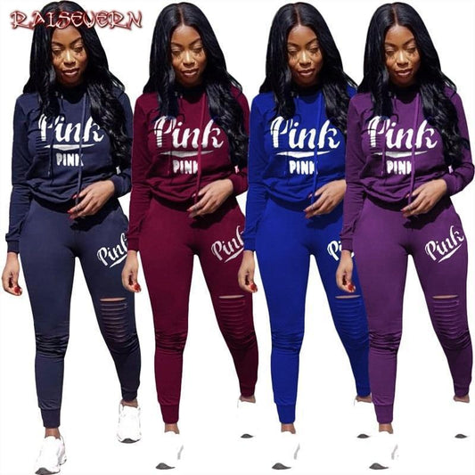 RAISEVERN New Pink Letter Print Tracksuit Women Casual Outfits 2 Two Piece Set Full Pants Suits Plus Size Clothing Autumn - Ai quarambas