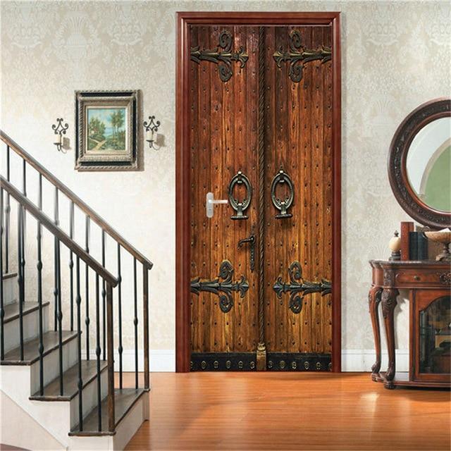 Retro Wooden Door Stickers PVC Waterproof Wallpaper For Doors Living Room Bedroom Home Decor Mural DIY Renovation Decal 90x200cm - Ai quarambas