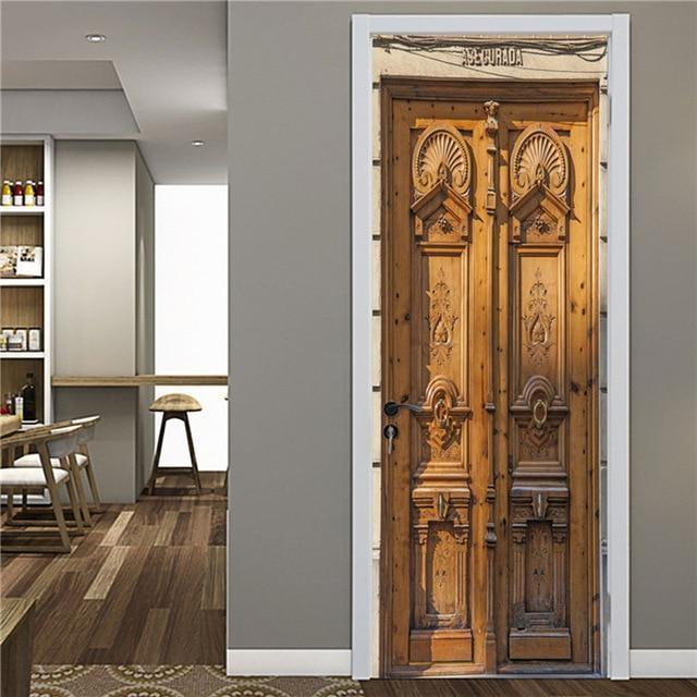 Retro Wooden Door Stickers PVC Waterproof Wallpaper For Doors Living Room Bedroom Home Decor Mural DIY Renovation Decal 90x200cm - Ai quarambas
