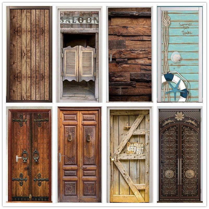 Retro Wooden Door Stickers PVC Waterproof Wallpaper For Doors Living Room Bedroom Home Decor Mural DIY Renovation Decal 90x200cm - Ai quarambas