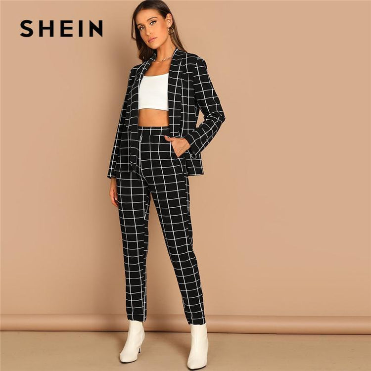 SHEIN Black Stretchy Grid Print Shawl Collar Plaid Long Sleeve Blazer Pants Set Women Autumn Workwear Morden Lady Twopiece - Ai quarambas