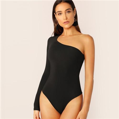 SHEIN One Shoulder Form Fitting Bodysuit Stretchy Sexy Solid Long Sleeve Basics Bodysuits Women 2019 Summer Skinny Bodysuits - Ai quarambas