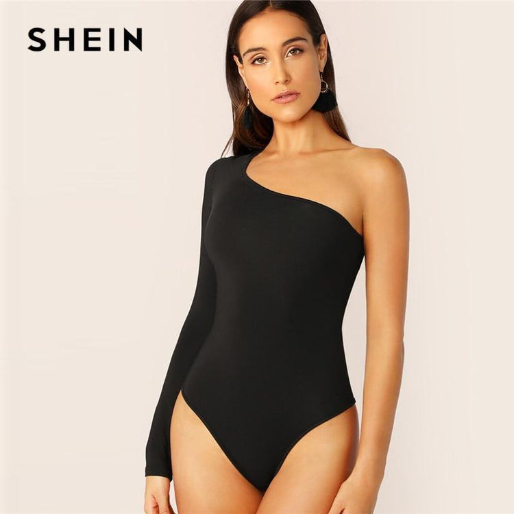 SHEIN One Shoulder Form Fitting Bodysuit Stretchy Sexy Solid Long Sleeve Basics Bodysuits Women 2019 Summer Skinny Bodysuits - Ai quarambas