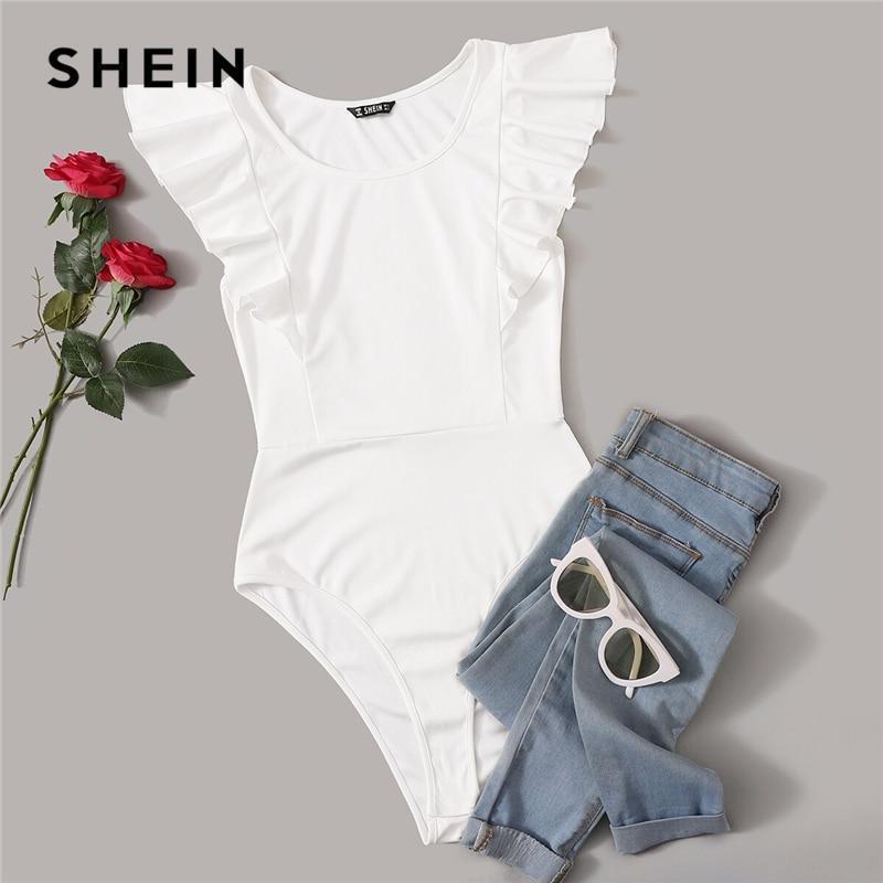 SHEIN Ruffle Armhole Solid Bodysuit White Solid Summer Sleeveless Round Neck Women Clothes 2019 Sexy Skinny Bodysuit - Ai quarambas