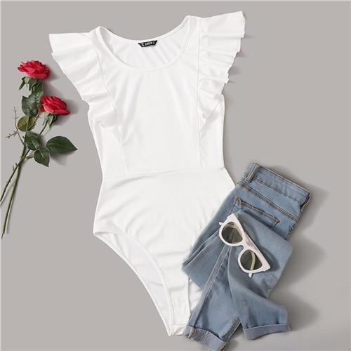 SHEIN Ruffle Armhole Solid Bodysuit White Solid Summer Sleeveless Round Neck Women Clothes 2019 Sexy Skinny Bodysuit - Ai quarambas