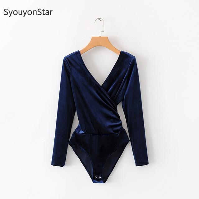 SyouyonStar Velvet Bodysuit Women Jumpsuits Deep V Neck Long Sleeve Autumn Rompers Sexy Slim jump suit body Red Bodysuits - Ai quarambas