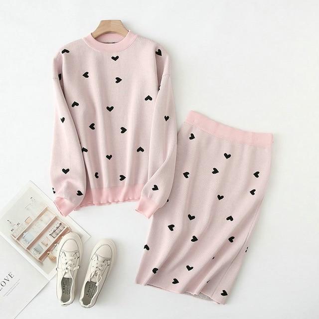 Tangada korea chic heart pattern knitted suit women skirt set autumn winter knitted suit 2 piece set sweet top and skirt YU14 - Ai quarambas