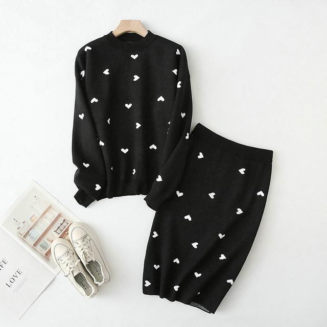 Tangada korea chic heart pattern knitted suit women skirt set autumn winter knitted suit 2 piece set sweet top and skirt YU14 - Ai quarambas