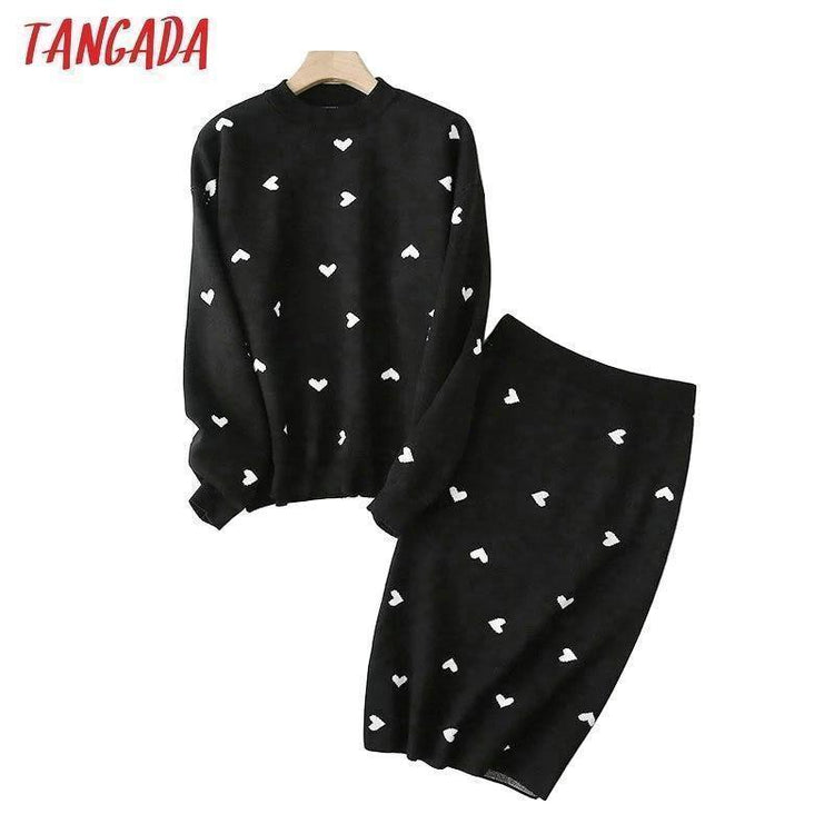 Tangada korea chic heart pattern knitted suit women skirt set autumn winter knitted suit 2 piece set sweet top and skirt YU14 - Ai quarambas