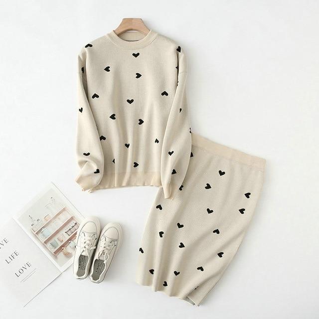 Tangada korea chic heart pattern knitted suit women skirt set autumn winter knitted suit 2 piece set sweet top and skirt YU14 - Ai quarambas