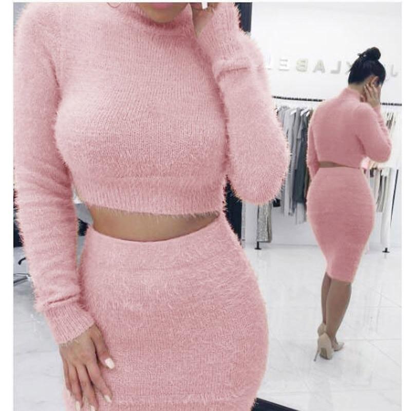 Two Piece Set Women Sweater +Pencil Skirt Suit Long sleeve Fleece Crop Tops Bodycon Skirt 2 Pieces Set Women Knitted Tracksuit - Ai quarambas
