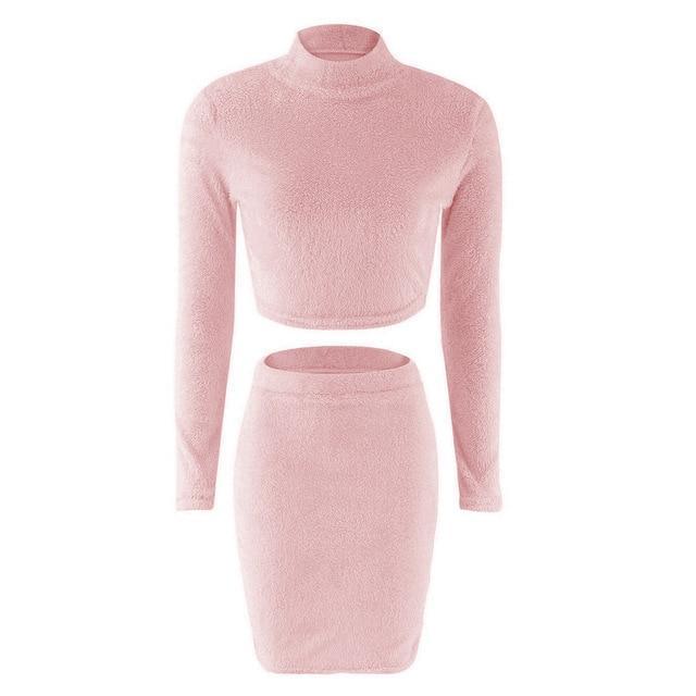Two Piece Set Women Sweater +Pencil Skirt Suit Long sleeve Fleece Crop Tops Bodycon Skirt 2 Pieces Set Women Knitted Tracksuit - Ai quarambas