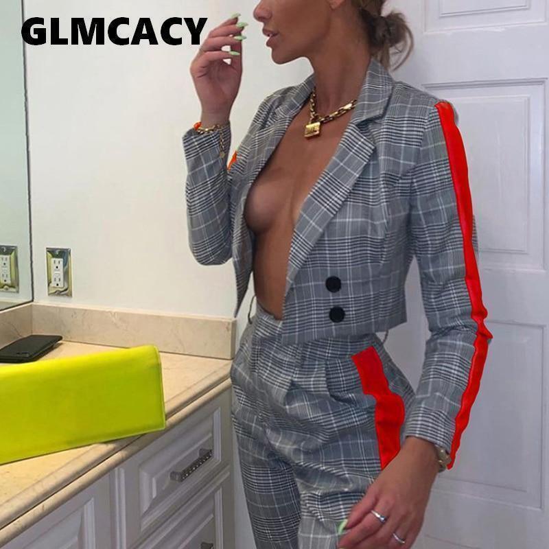 Women 2 Pieces Plaid Suits Crop Top Blazer and Pants/Skirts 2 Piece Outfits Autumn Office Ladies Suits Set Classy Streetwear - Ai quarambas