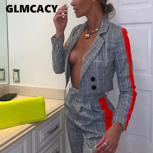 Women 2 Pieces Plaid Suits Crop Top Blazer and Pants/Skirts 2 Piece Outfits Autumn Office Ladies Suits Set Classy Streetwear - Ai quarambas