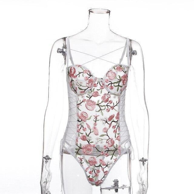 Women Floral Embroidery Lace Bodysuit Sexy Bandage Transparent Bodysuit Ladies White Mesh Bodysuit Jumpsuit Bodycon Overalls - Ai quarambas