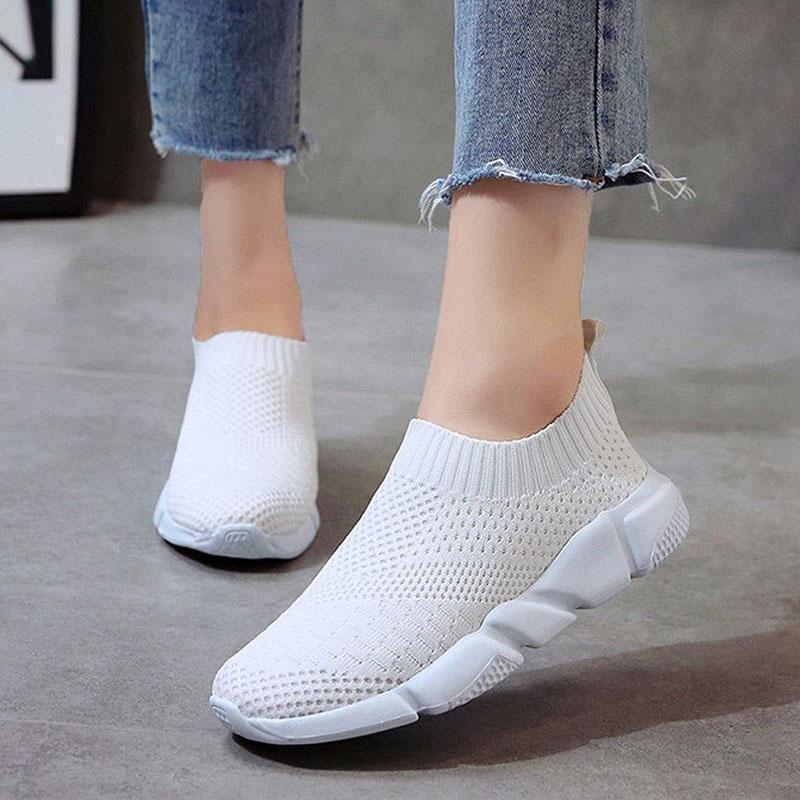 Women Shoes 2019 New Flyknit Women Breathable Slip On Flat Shoes Soft Bottom White Sneakers Casual Women Flats Krasovki - ooo