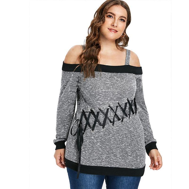 Women's Autumn Sweater plus Size Large Size Long Sleeve off - Shoulder Top String Female Blouses Solid Thin Casual Sweater - Ai quarambas