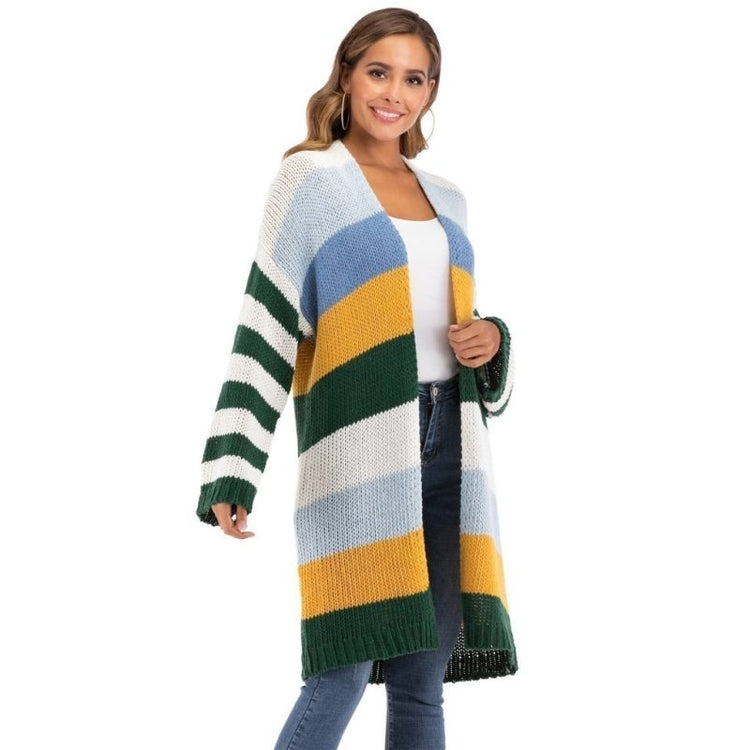 WOMEN'S Winter Coat Warm Cross Border Casual Long Joint Contrast Color Striped Oversize Knitted Sweater Cardigan Patched Outwear - Ai quarambas