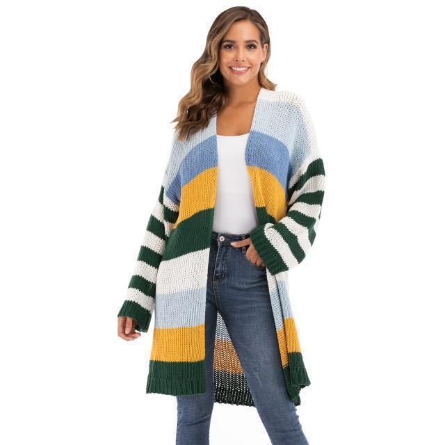 WOMEN'S Winter Coat Warm Cross Border Casual Long Joint Contrast Color Striped Oversize Knitted Sweater Cardigan Patched Outwear - Ai quarambas